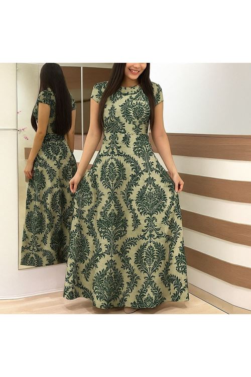 Kadın Kısa Kollu Bisiklet Yaka Puantiyeli Maksi örme Krep Elbise