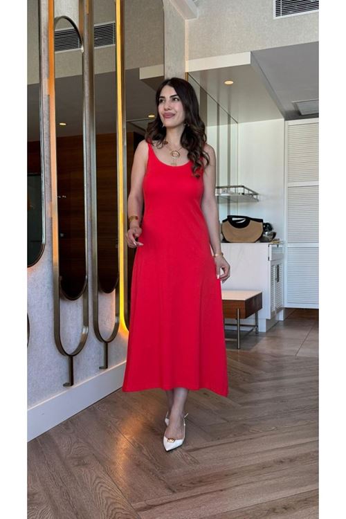 Kadın Askılı Yuvarlak Yakalı Viskon Elbise