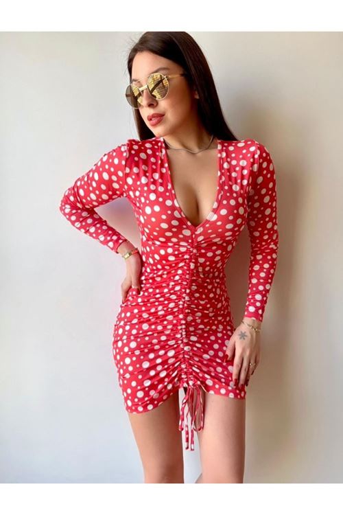 Kadın V Yaka önü Asansör Büzgü Detay Fırsat ürün Puantiyeli Mini Elbise