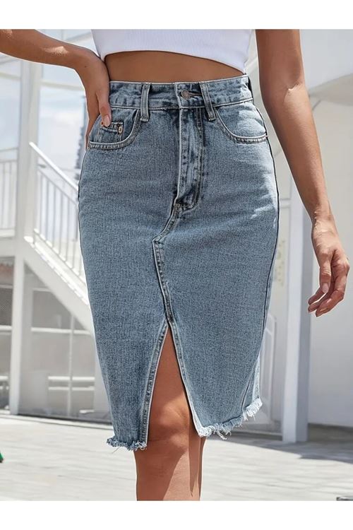 Kadın Elastik Bel Yırtık Kenar Detaylı Kot Etek
