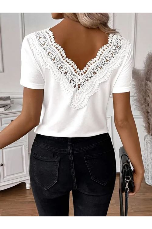 Kadın Kısa Kollu V Yakalı Arkası Dantelli Viskon Bluz