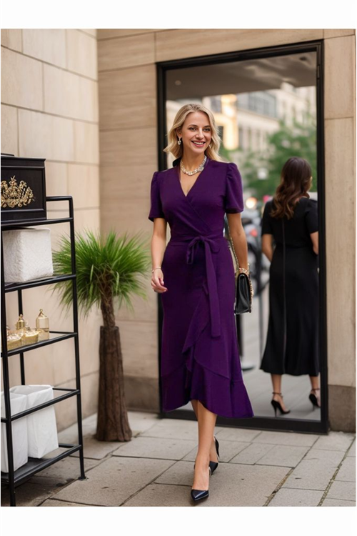 Kadın Kruvaze Yaka Midi Boy Kuşaklı Krep Elbise 120 Cm