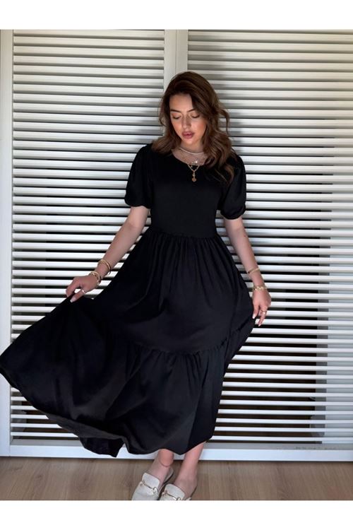 Kadın Kısa Kollu Yakası Açık Katlı Bürümcük Balon Elbise