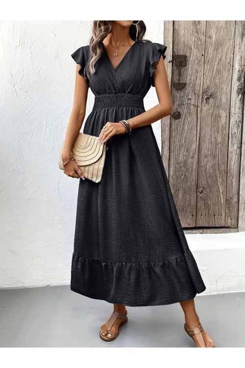 Kadın Kısa Kelebek Kollu Kruvaze Yakalı Beli Lastikli Aerobin Elbise