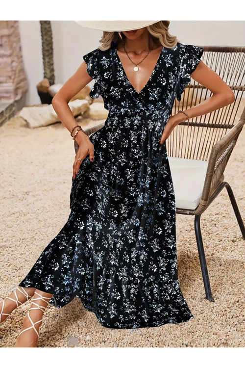 Kadın Kısa Kollu Kruvaze Yakalı Beli Lastikli çiçek Desenli Elbise