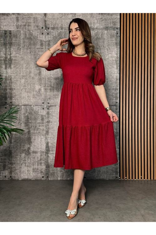 Kadın Kısa Kollu Yakası Açık Katlı Bürümcük Balon Elbise