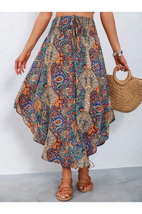 Kadın Beli Lastikli Bağcıklı Asimetrik Kesim Detaylı Desenli Bürümcük Etek