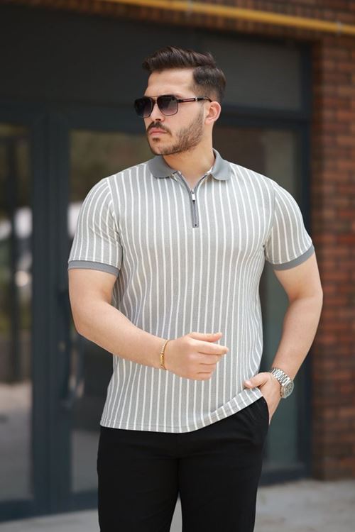 Erkek çizgili Fermuar Yakalı Kısa Kollu Tişört