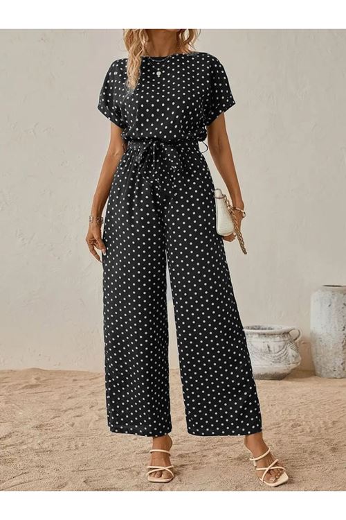 Kadın Kısa Kollu Kayık Yaka Belden Kuşaklı örme Krep Tulum