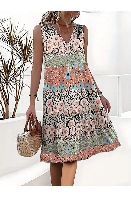 Kadın Kolsuz V Yaka çiçek Desenli Süprem Elbise