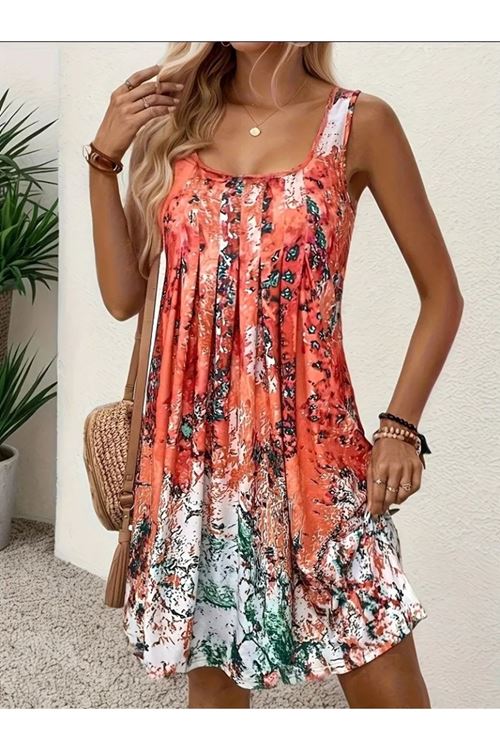 Kadın Sıfır Kollu Kare Yaka önden Pileli Salaş Süprem Elbise