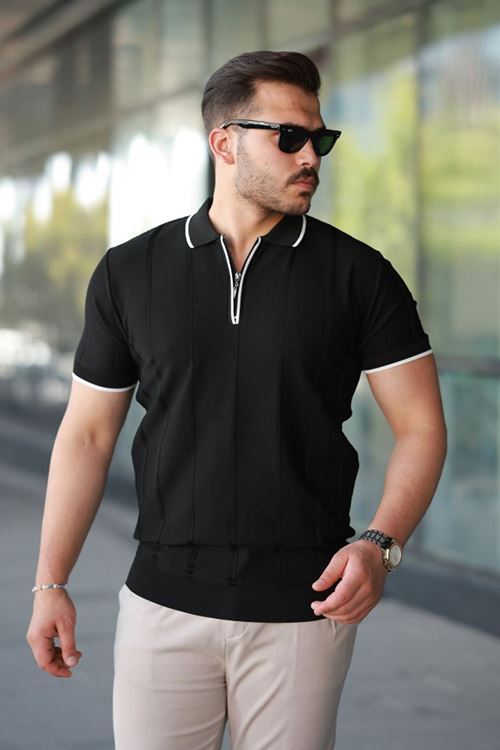 Erkek Dikey Kabartmalı Örgü Dokulu Fermuar Yakalı Tişört