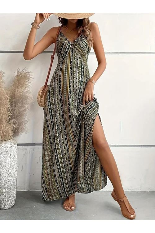 Kadın Ip Askılı Sırttan çapraz Detaylı Yırtmaçlı Desenli Süprem Elbise