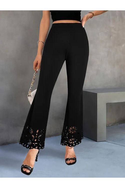 Kadın Yüksek Bel Paçaya Doğru Genişleyen Lazer çiçek Kesim Detaylı Ithal Krep Pantolon