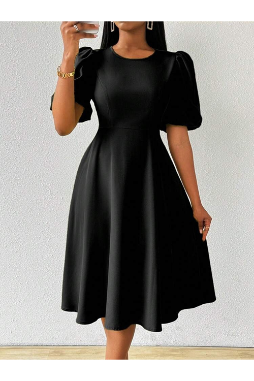 Kadın Kısa Balon Kollu Bisiklet Yaka Kiloş Janjan Krep Elbise