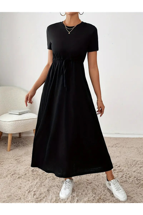 Kadın Kısa Kollu Bisiklet Yaka Belden Bağcıklı Cepli Viskon Elbise