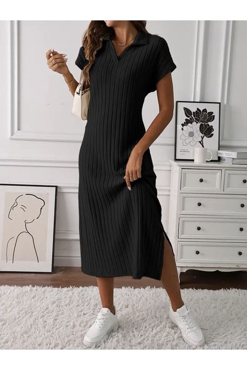 Kadın Kısa Kollu Yakalı Yandan Yırtmaçlı Kalın Fitilli Kaşkorse Elbise