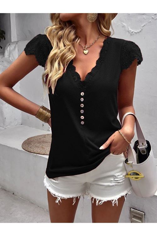 Kadın Kısa Kollu V Yakalı önü Düğmeli Viskon Bluz