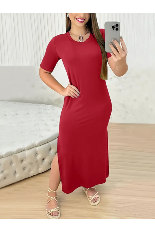 Kadın Kısa Kollu Bisiklet Yaka Yandan Yırtmaçlı Viskon Elbise