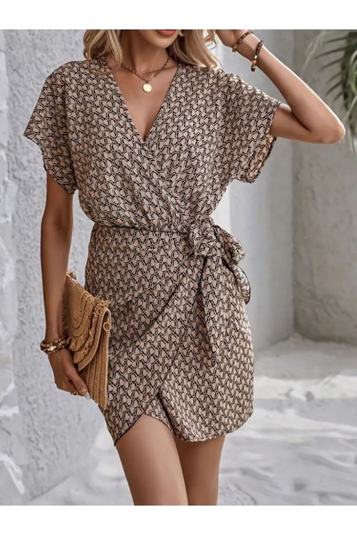 Kadın Kısa Yarasa Kollu önden Kruvaze Yaka Detaylı önden Bağlamalı Desenli Süprem Elbise