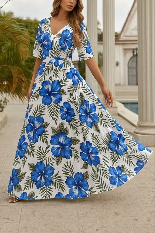 Kadın Kısa Kollu V Yakalı Desenli Süprem Elbise