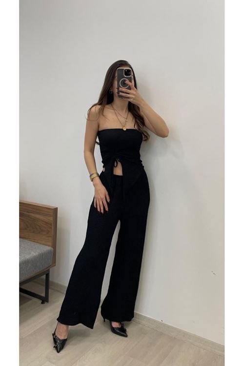 Kadın Sendy Kumaş Bağcık Detaylı Asimetrik Takım