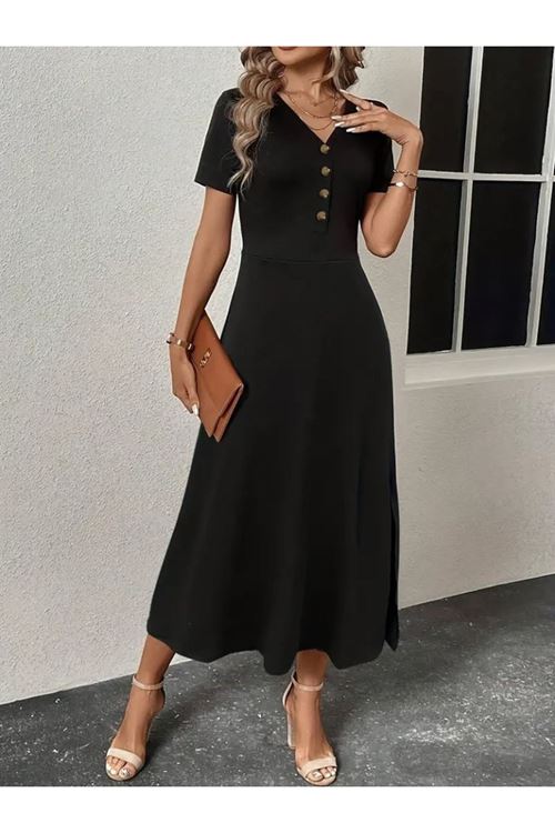 Kadın Kısa Kollu V Yakalı önden Düğmeli Yırtmaçlı Midi Viskon Elbise