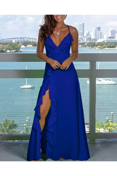 Kadın Ip Askılı Dekolteli Yırtmaç Detay Krep Elbise