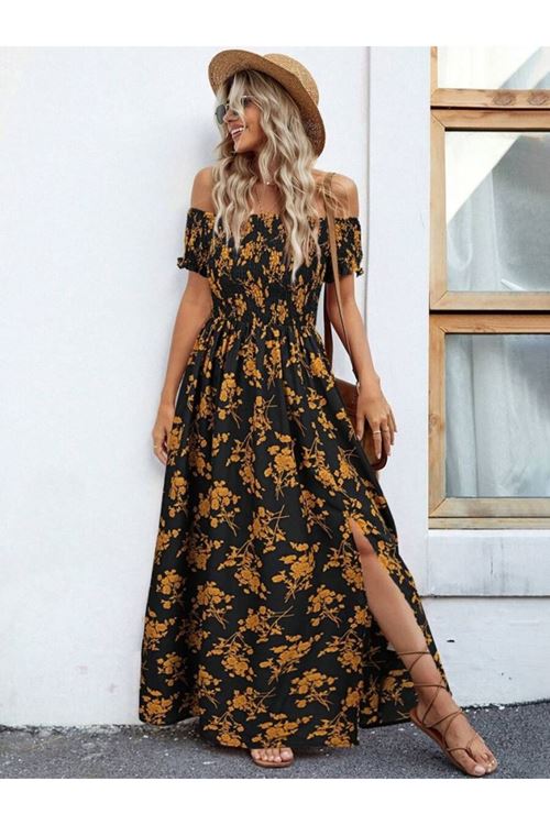 Kadın Kısa Kollu Madonna Yaka Yırtmaçlı çiçek Desenli Süprem Elbise