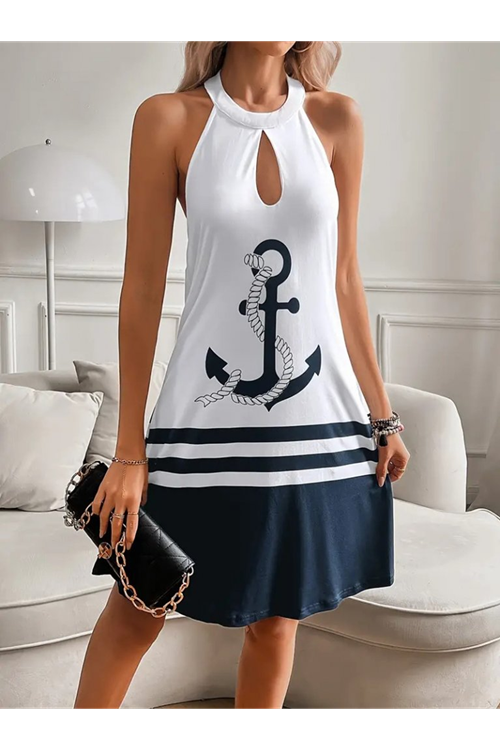 Kadın Askılı çıpa Baskılı Sırtı Açık Kısa Süprem Elbise