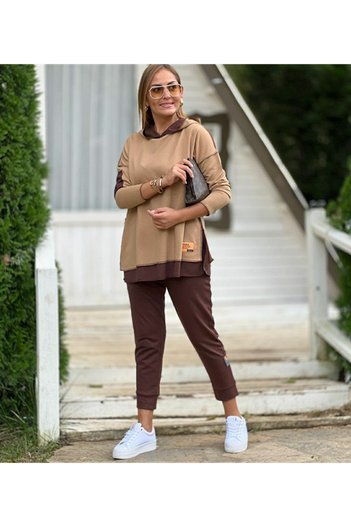 Kadın Kahve Kapşonlu Etek Ucu Detay Arma Ters Dikiş Gorunumlu Ikili Takım