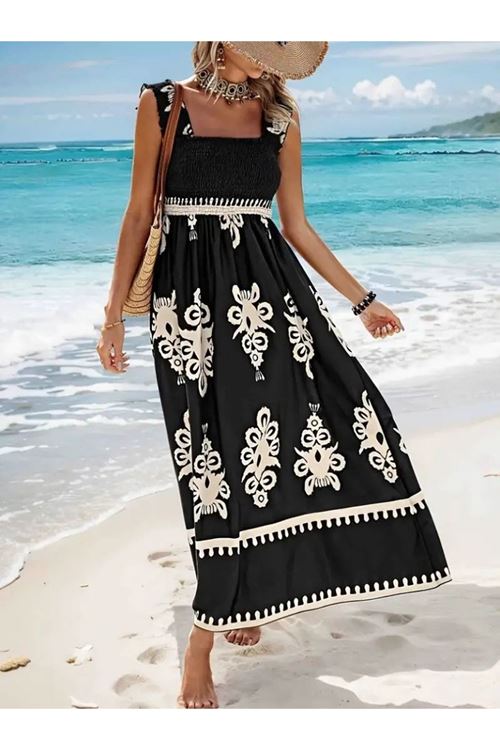 Kadın Askılı Kare Yaka Gipe Detaylı Desenli Suprem Elbise