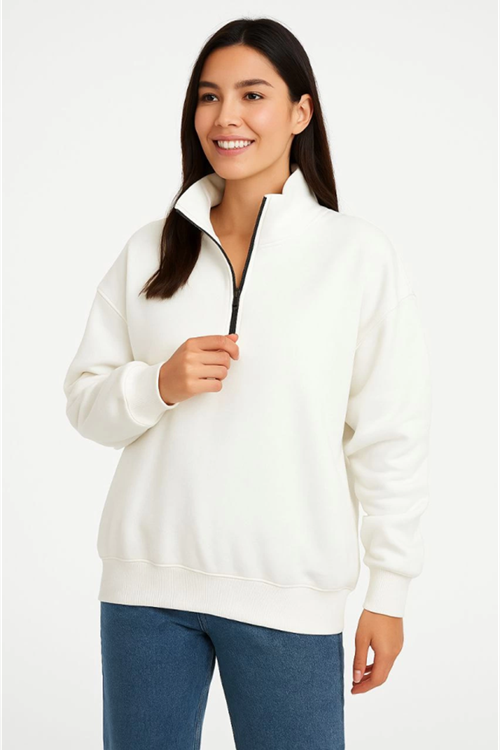 Üç İplik Dık Yaka Yarım Fermuarlı SweatShirt - Beyaz