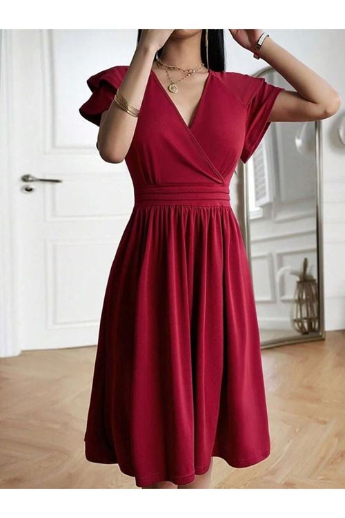 Kadın Kısa Fırfır Kollu Kruvaze Yakalı Kiloş Janjan Krep Elbise