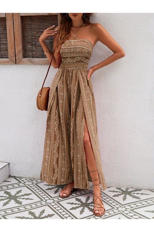 Kadın Yakası Gipe Detaylı önden Yırtmaç Detaylı Desenli Süprem Pantolun Etek Tulum