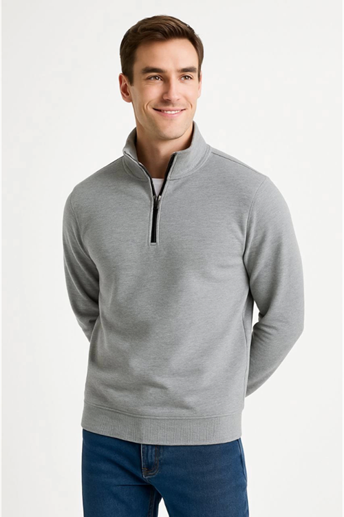 Erkek Dik Yaka Sweatshirt Dik Yaka Yarım Fermuarlı 3 İplik Şardonlu Pamuk Kumaş - Gri