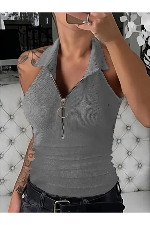 Kadın Kolsuz Polo Yaka önü Fermuarlı Kaşkorse Bluz