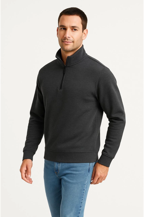 Erkek Dik Yaka Sweatshirt Dik Yaka Yarım Fermuarlı 3 İplik Şardonlu Pamuk Kumaş - Antrasit