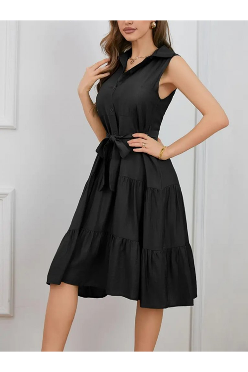 Kadın Kısa Kollu Gömlek Yaka Düğmeli Beli Kuşaklı Katlı Dokuma Midi Elbise