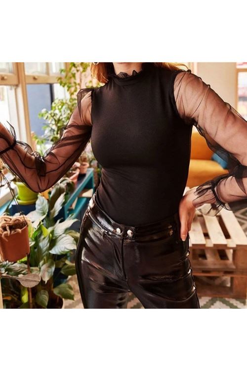 Kadın Kolları Tül Detaylı örme Krep Kumaş Bluz