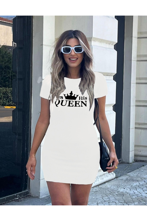 Kadın Kısa Kollu Queen Baskı Iki Iplik Mini Elbise