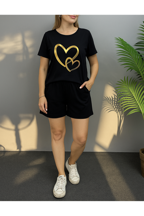 Kadın Kısa Kollu Bisiklet Yaka Viskon Iki Iplik Bluz Ve Short Ikili Takım