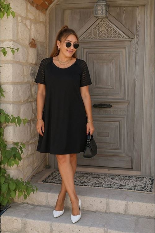 Kadın Kısa Kollu Yuvarlak Yaka şerit Kol Detaylı Viskon Elbise