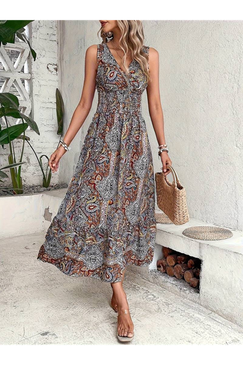 Kadın Beli Gipeli Etnik Desen Sıfır Kol Süprem Elbise