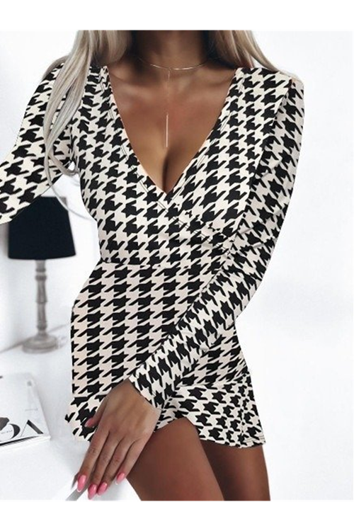 Kadın Uzun Kollu Kruvaze Yaka Kazayağı Mikro Mini Boy Elbise