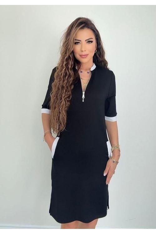 Kadın Kısa Kollu Yakadan Fermuarlı Cepli Yandan Yırtmaçlı Viskon Elbise