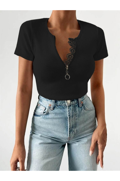 Kadın Beyaz Yaka Dantel Ve Fermuarlı Kaşkorse Bluz