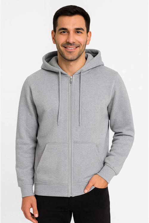 Erkek Üç İplik Kapüşonlu Tam Fermuarlı Kanguru Çepli SweatShirt Hoodie - Gri