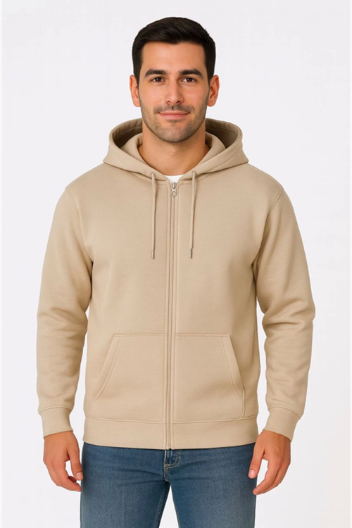 Erkek Üç İplik Kapüşonlu Tam Fermuarlı Kanguru Çepli SweatShirt Hoodie - Bej