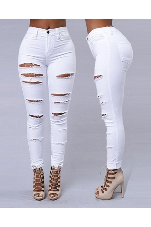 Kadın Yüksek Bel Lazer Yırtık Desenli Kot Pantolon